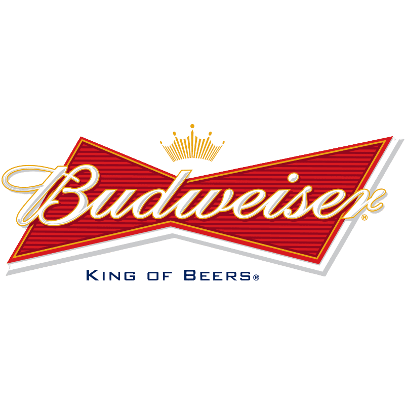 Budweiser logo with red bowtie design and "King of Beers" slogan.