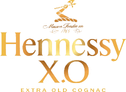 Hennessy X.O logo with "Extra Old Cognac" in gold lettering.