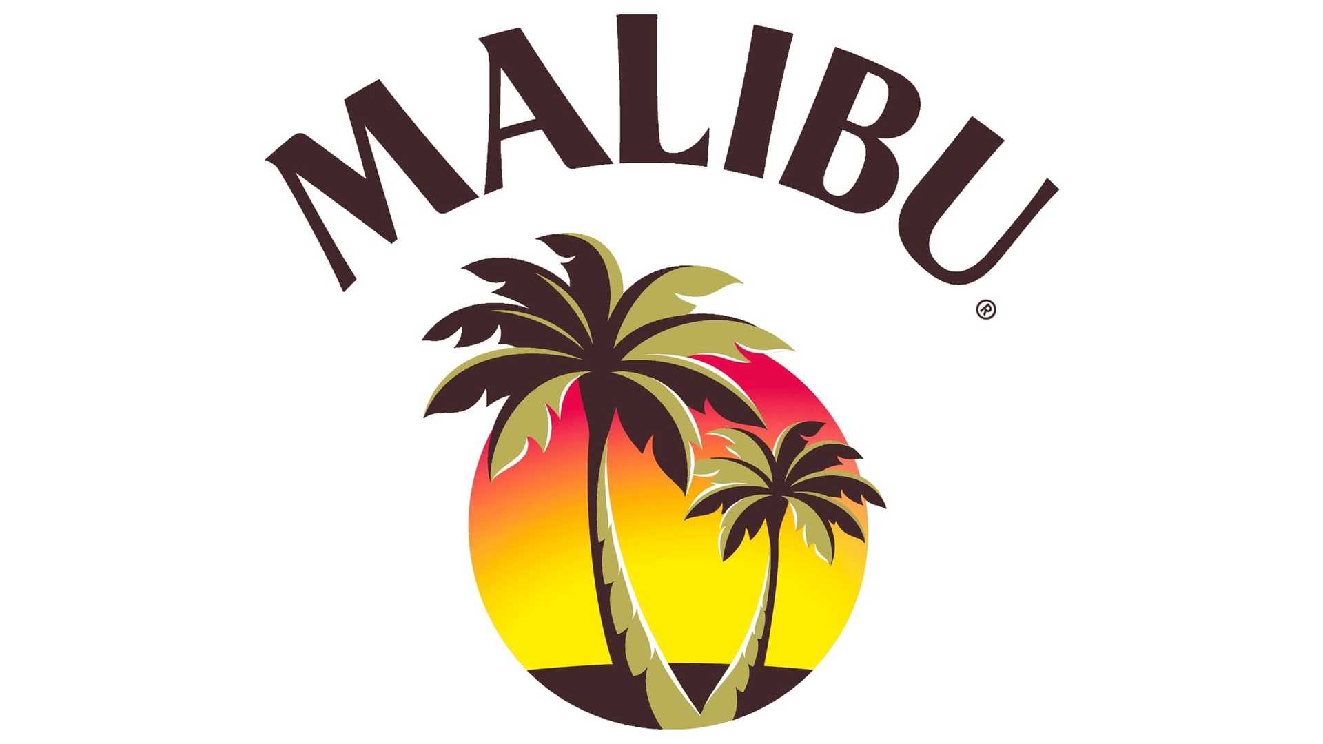Palm trees with a sunset background, stylized "Malibu" text above.