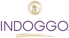 Indoggo logo with palm tree design in gold circle above brand name in purple.