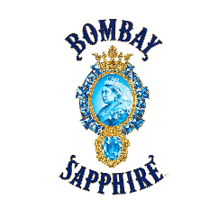 Bombay Sapphire logo with a crowned blue gemstone and woman's portrait in ornate frame.
